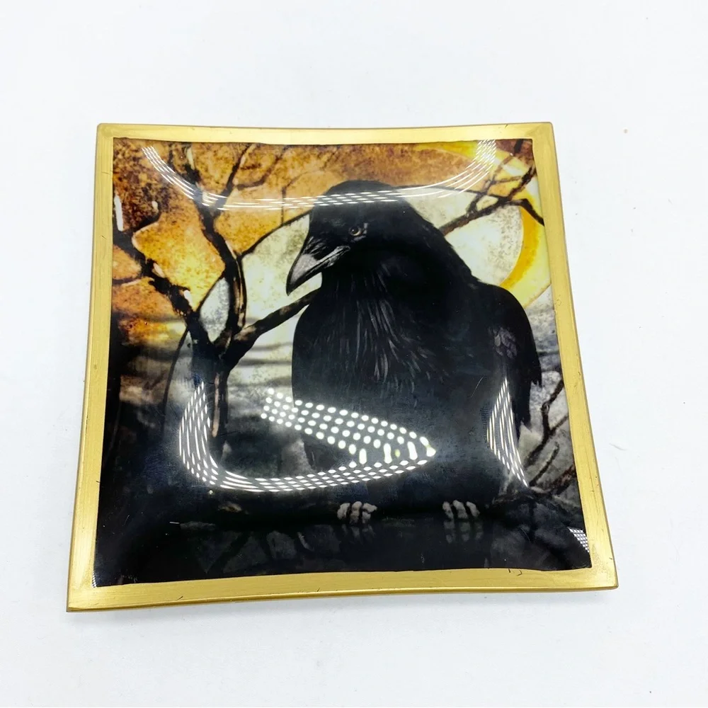 Black Raven and Moon Glass Plate Trinket Jewelry Dish NEW - Picture 2 of 4
